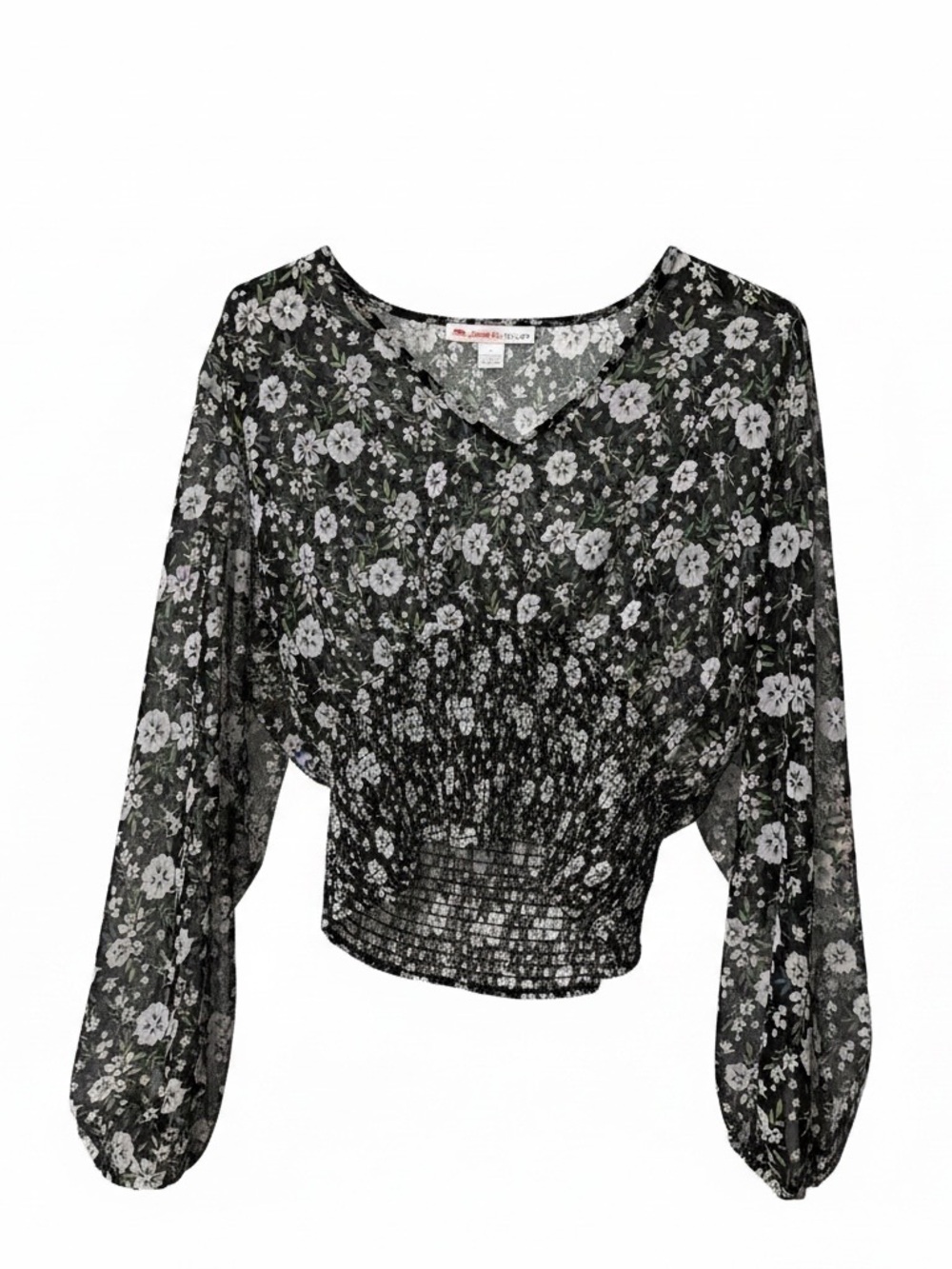 Sheer Black Floral V-Neck Smocked-Hem Blouse